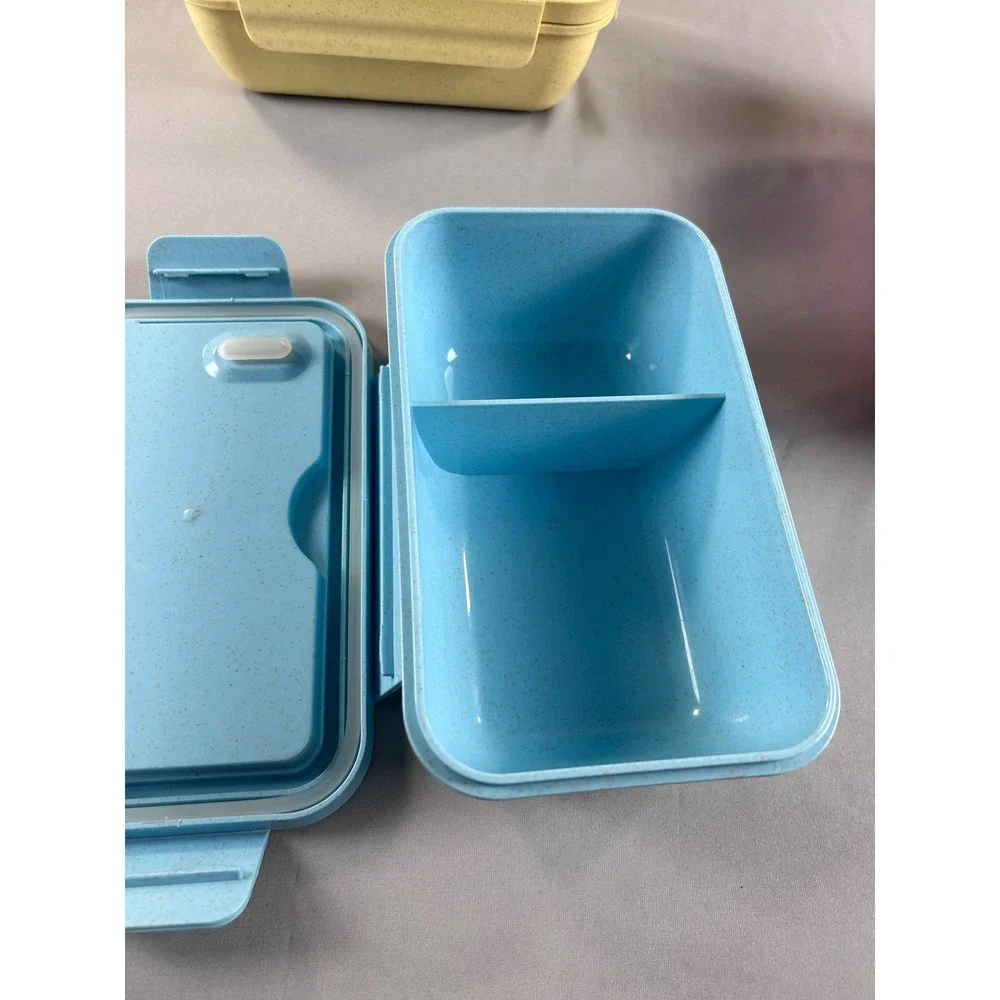 3pc Box Set Pastel Pink Blue Yellow Divided Lunch Containers‎ missing utensils
